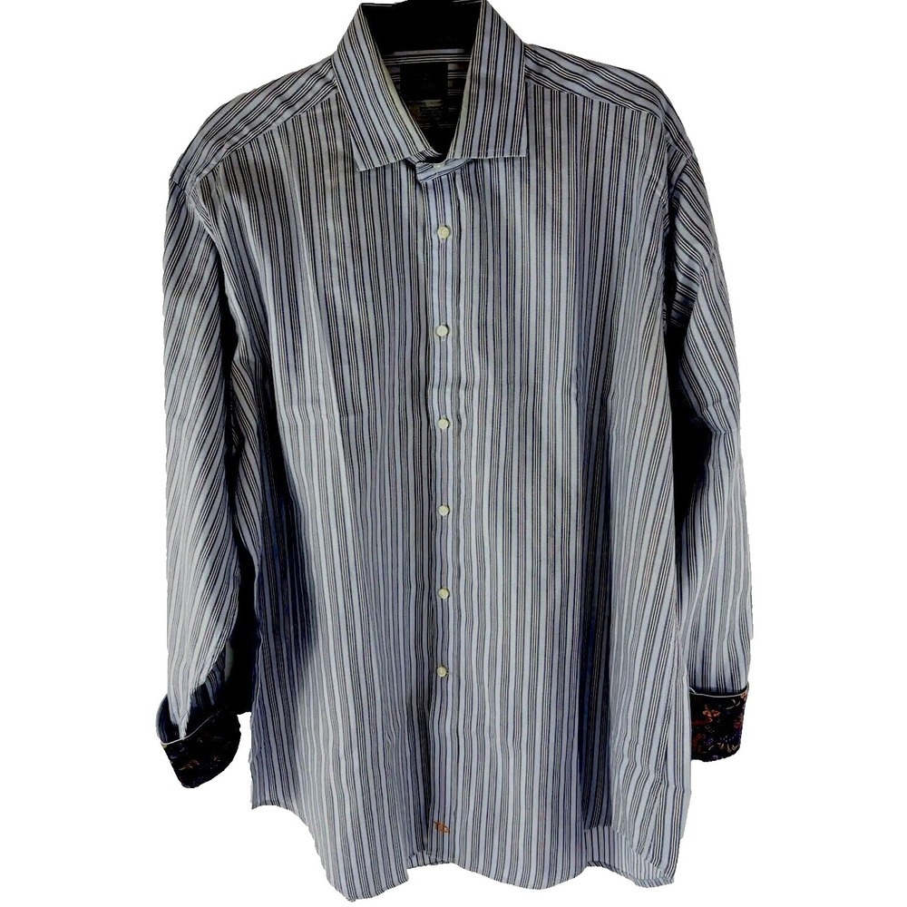 Thomas Dean Men's Size XL  Blue Stripe Button Up Shirt Flip Cuffs Long Sleeve